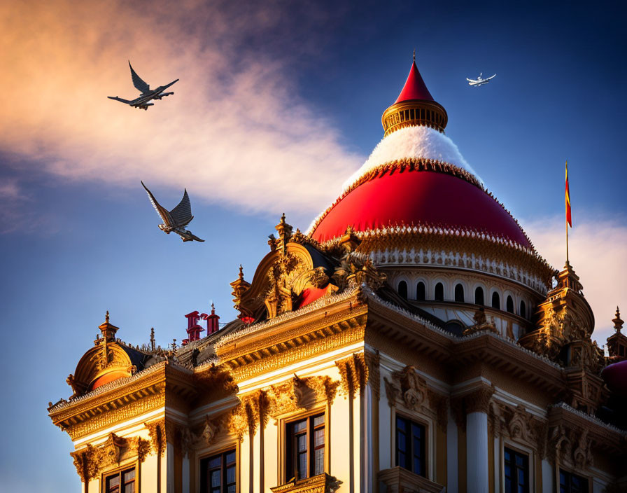 Ornate building with red dome and golden trim under blue sky