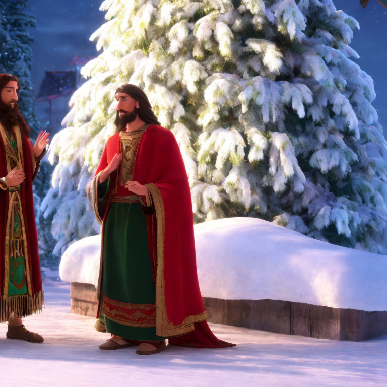 Animated characters in historical attire by snow-covered tree in snowy nighttime landscape