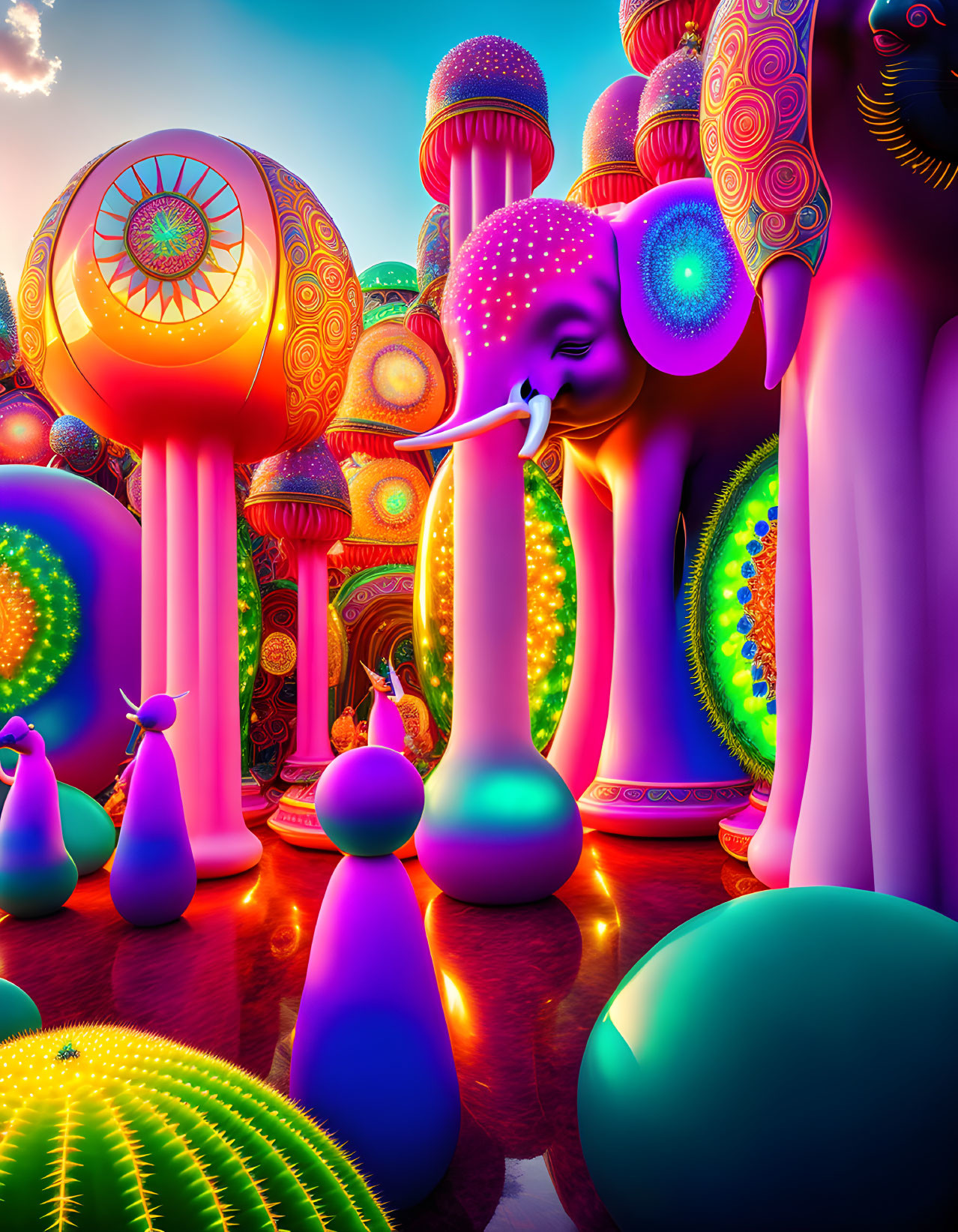 Colorful surreal landscape with mushroom-like structures and abstract shapes