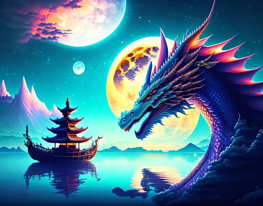 Blue dragon and Chinese junk boat under twin moons in moonlit sky