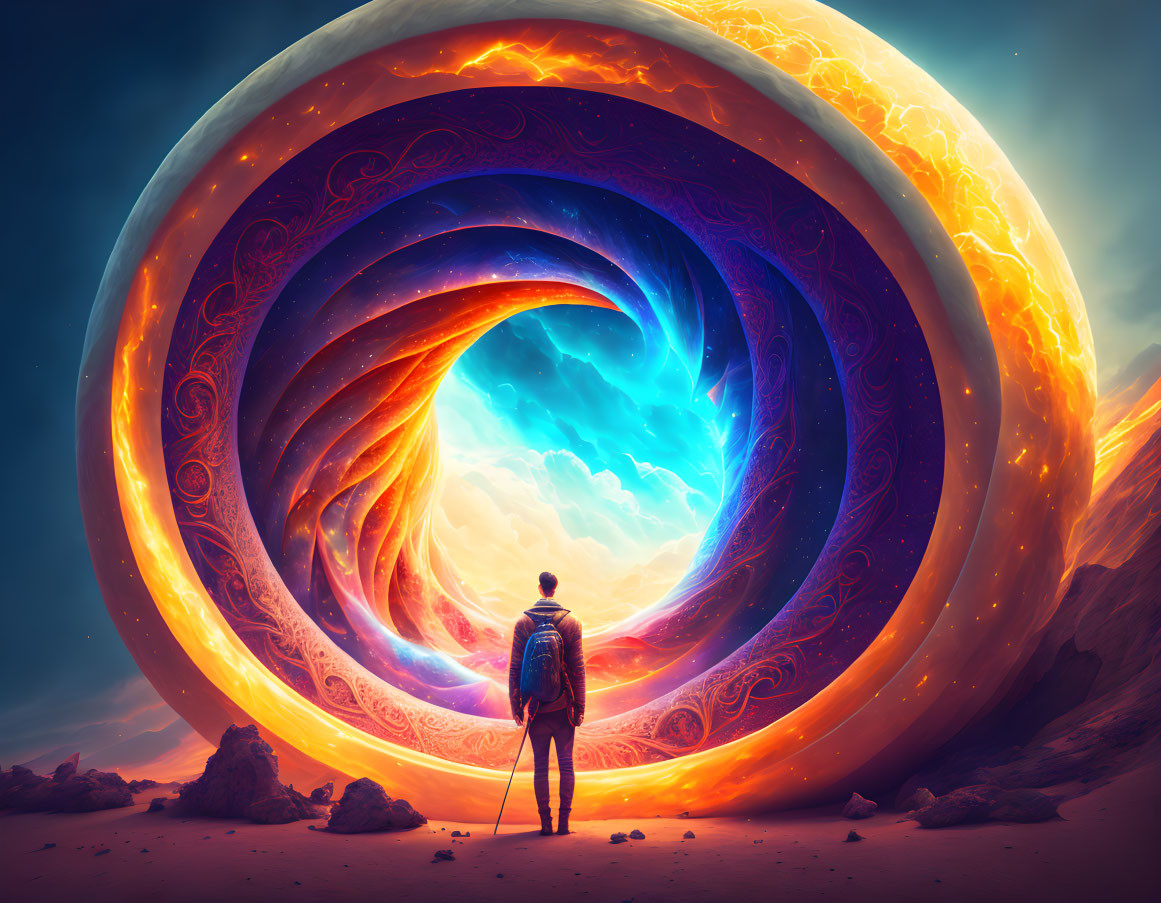 Person standing before massive radiant portal on surreal sandy landscape