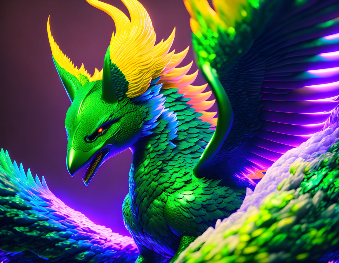 Colorful Dragon Digital Art with Green Scales and Neon Feathers