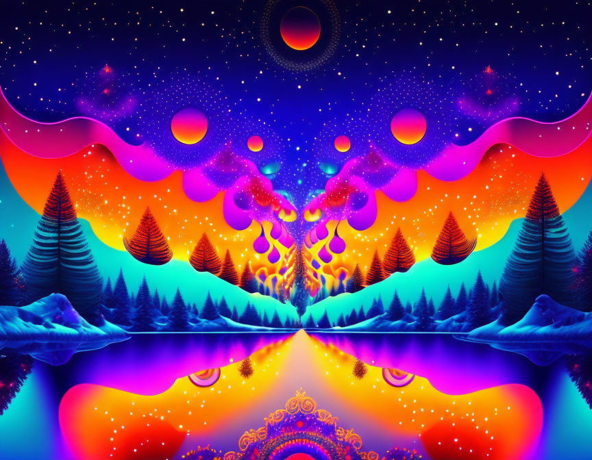 Colorful Psychedelic Landscape with Mirrored Imagery