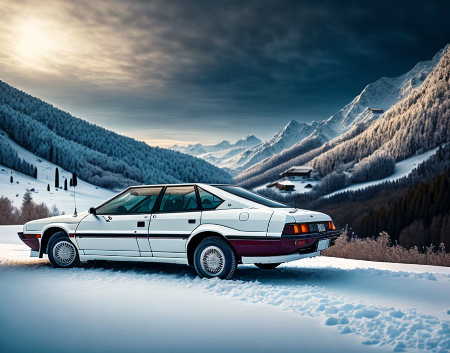 White Sports Car on Snowy Road with Mountain Landscape at Dusk