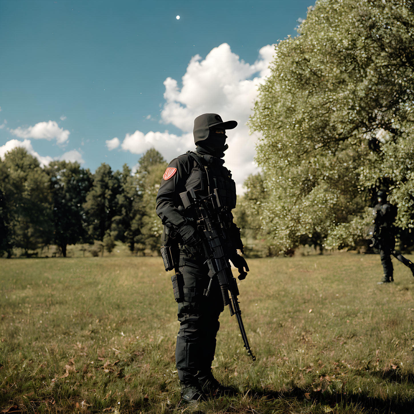 Two individuals in tactical gear standing in grassy field with trees and clear sky.