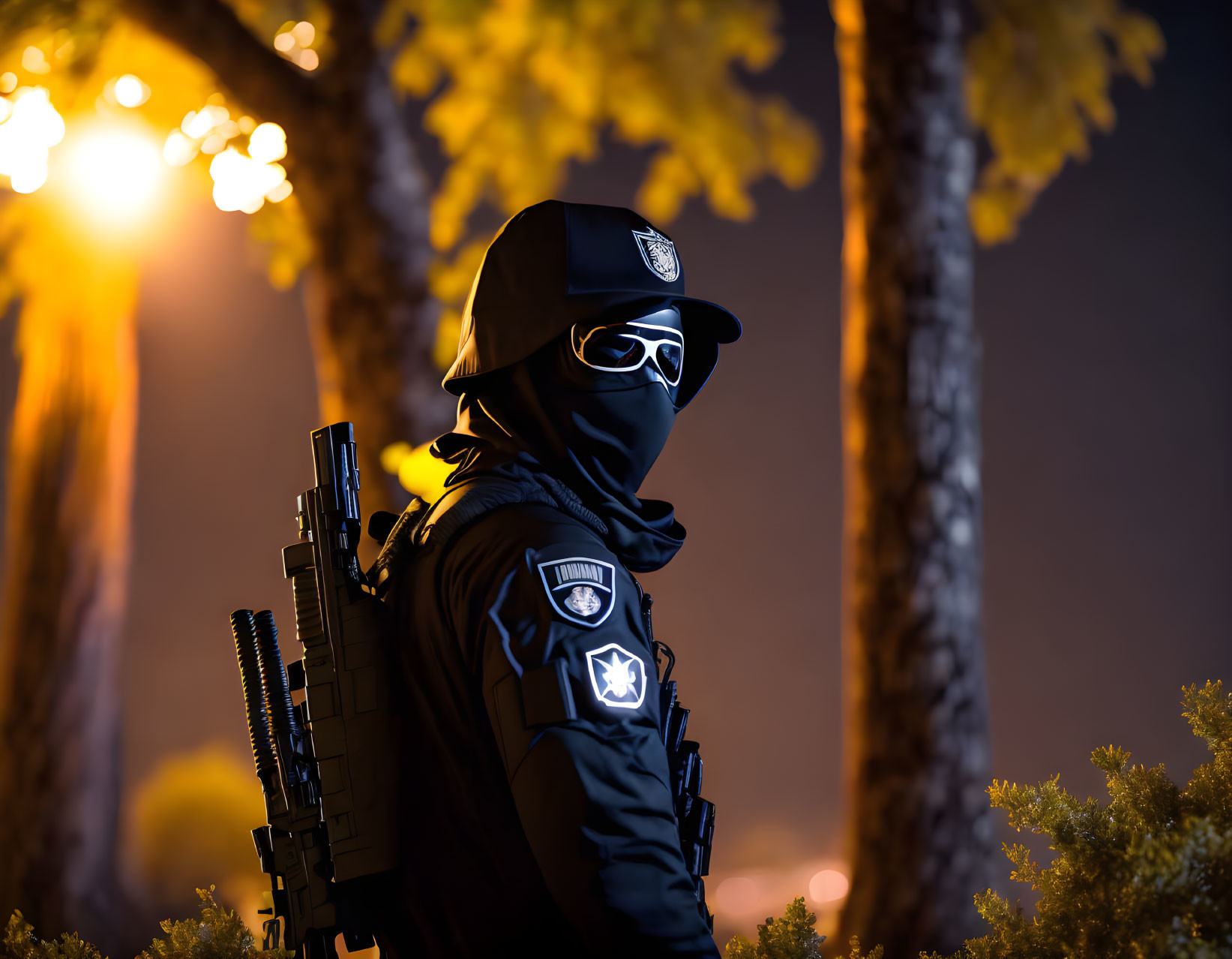 Person in tactical gear with badge and balaclava standing at night with trees and lights.