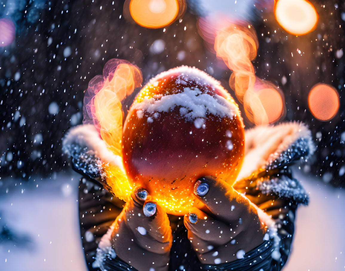 Gloved hands hold glowing snow crystal ball with bokeh lights