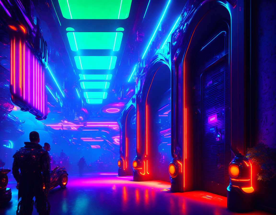 Futuristic neon-lit corridor with arched doorways and standing silhouette