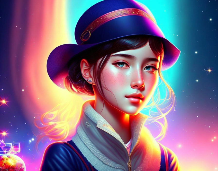 Digital Art: Young Woman with Blue Hat, Neon Outlines, Cosmic Background