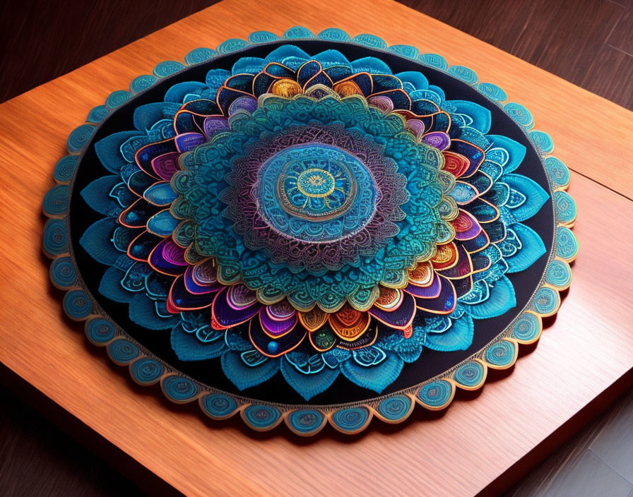 Colorful Mandala with Intricate Patterns on Wooden Surface