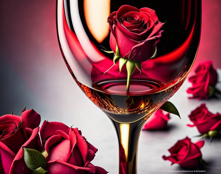 Red rose reflected in wine glass surrounded by roses