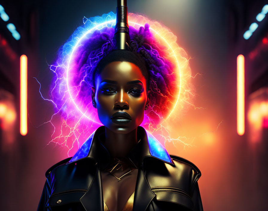 Digital Artwork: Woman with Neon Lights and Plasma Energy