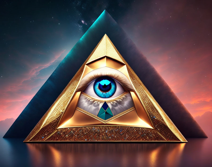 Surreal illuminated pyramid with realistic eye in cosmic setting