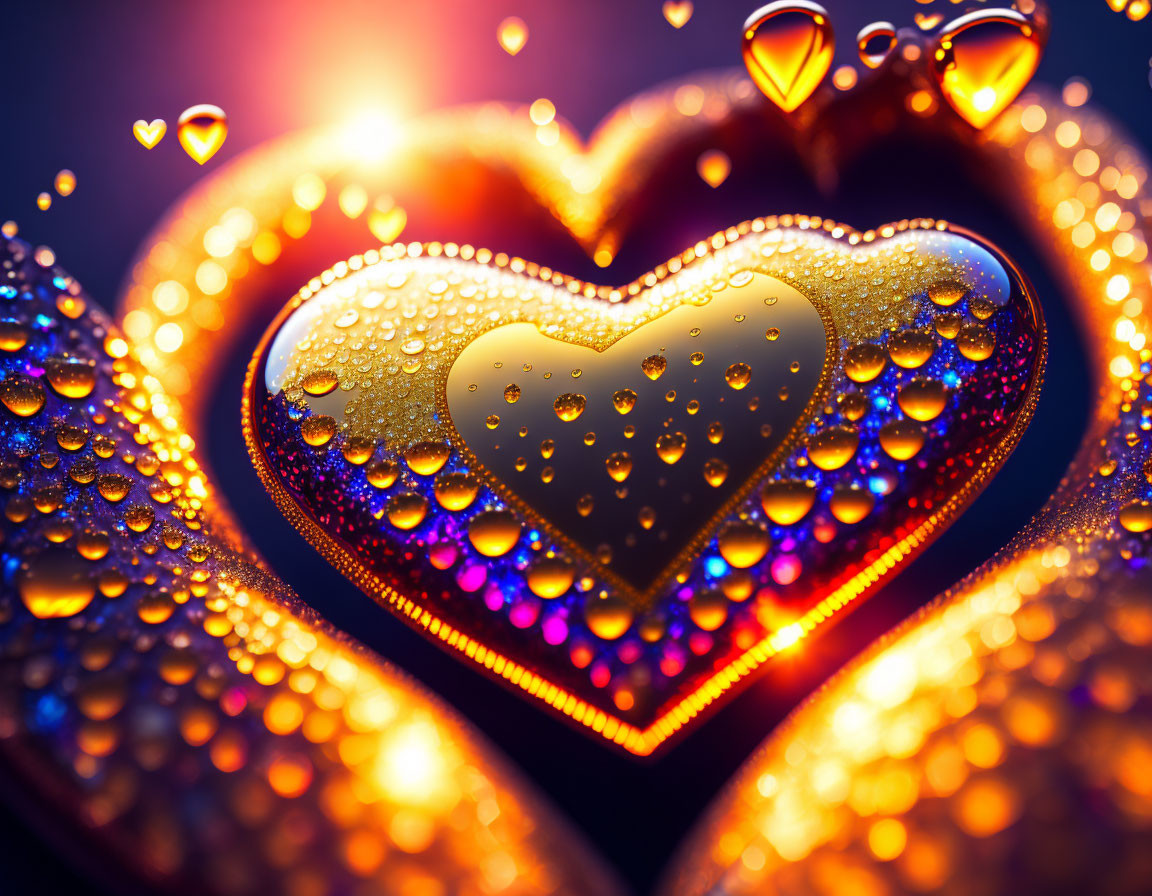 Golden glass heart with water drops