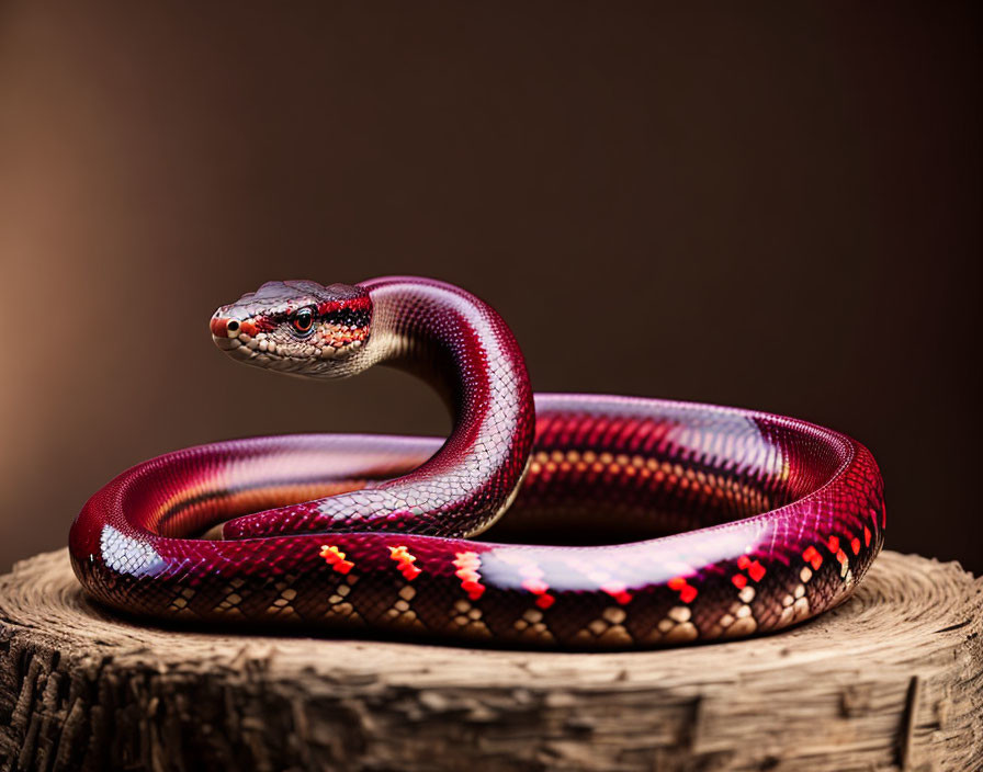 Vibrant red and white snake with intricate patterns on wooden stump against brown background