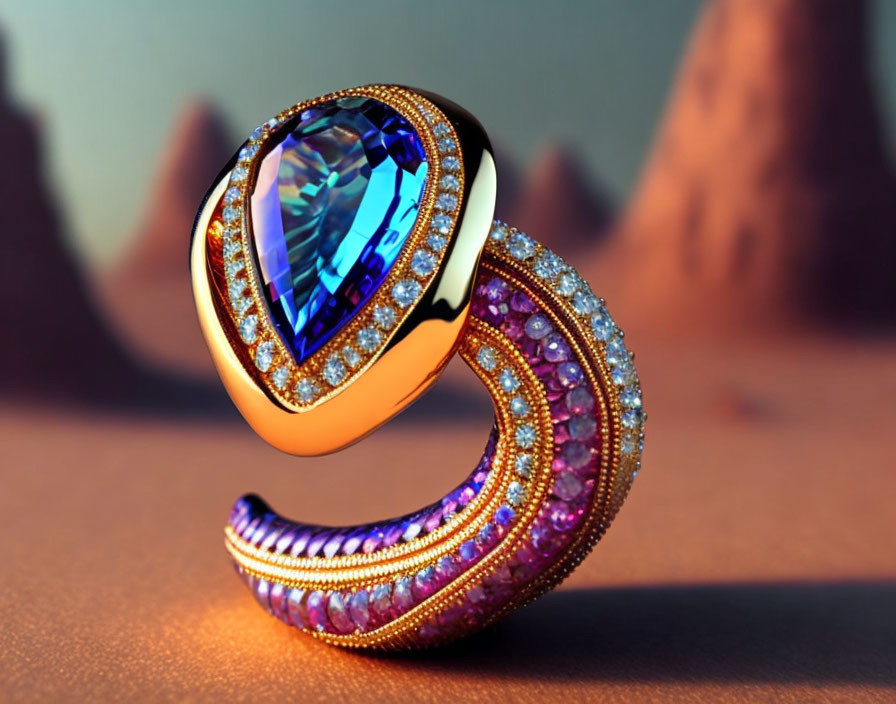 Luxurious Gold Snake Ring with Blue Gemstone & Diamonds on Desert Background