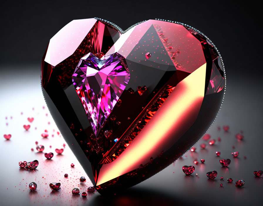 Heart-shaped gemstone surrounded by smaller hearts on reflective surface in pink and red.