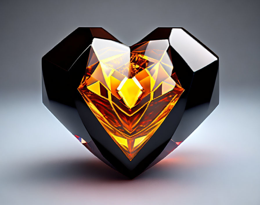 Black and Orange Crystal Heart 3D Rendering with Luminous Core