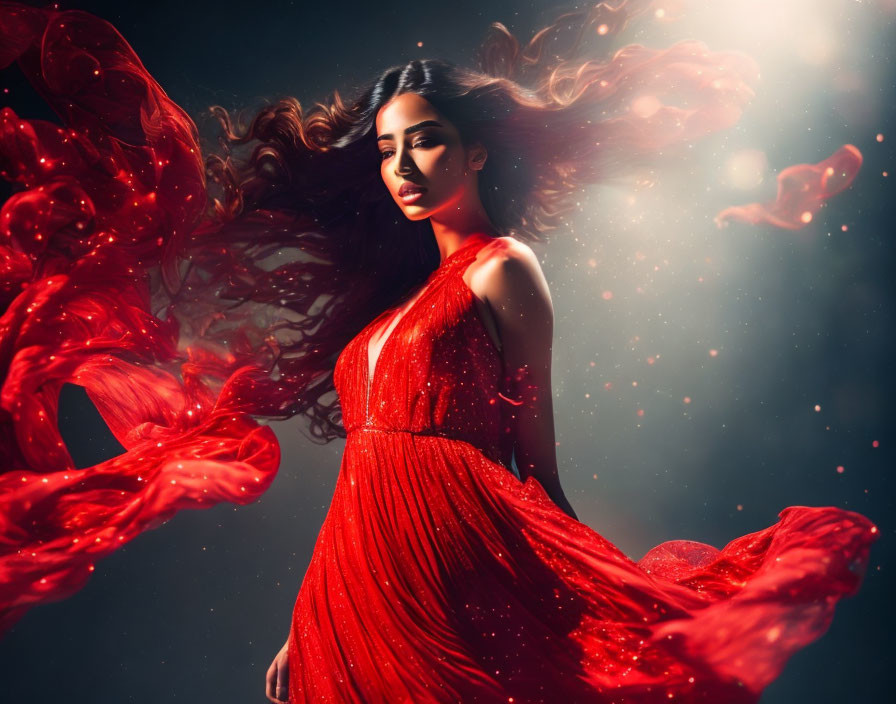 Woman in flowing red dress against dark background exudes elegance