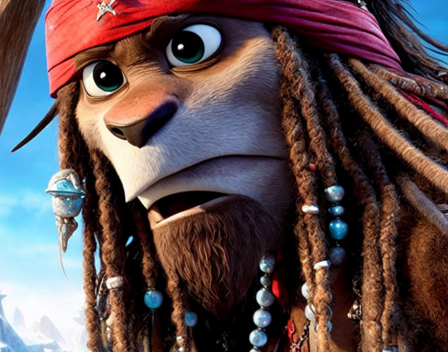 Animated mammoth with dreadlocks and red bandana and beads.