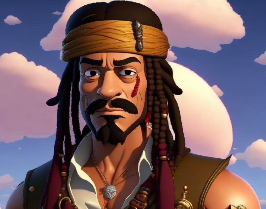 Animated pirate character with bandana, braids, beads, and medallion