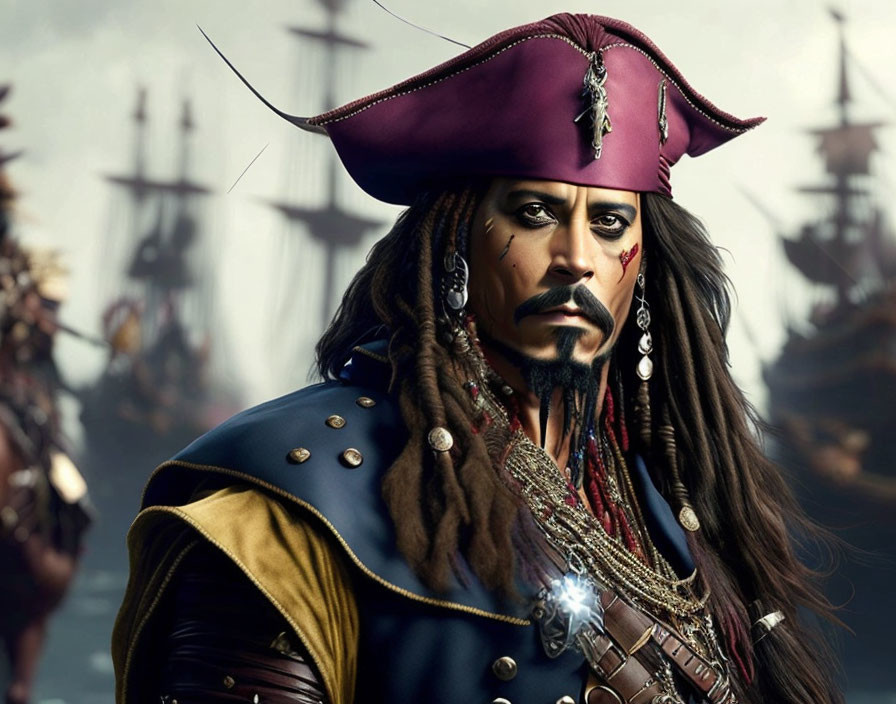 Digital artwork: Pirate with crimson hat, dreadlocks, beads, sailing ships