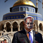 Digital artwork: Animated man in suit with injuries, holding bloodied glass, in front of Dome of