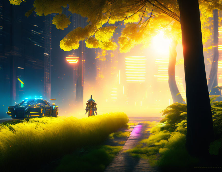 Futuristic cityscape with glowing trees, blue car, and cyclist at night