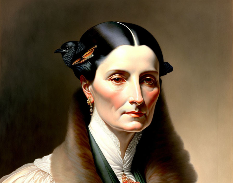 Portrait of woman with solemn expression and black bird in slicked-back hair