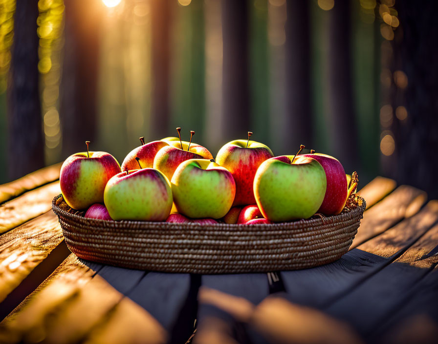 Ripe apples in wicker basket on wooden surface