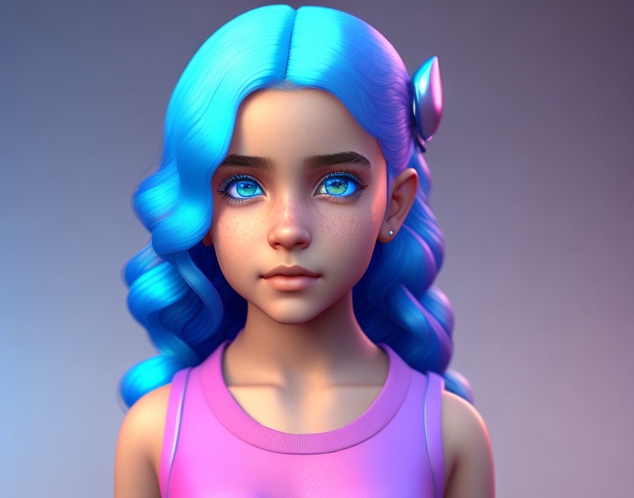 Vibrant Blue-Haired Girl 3D Illustration with Elf-like Ears