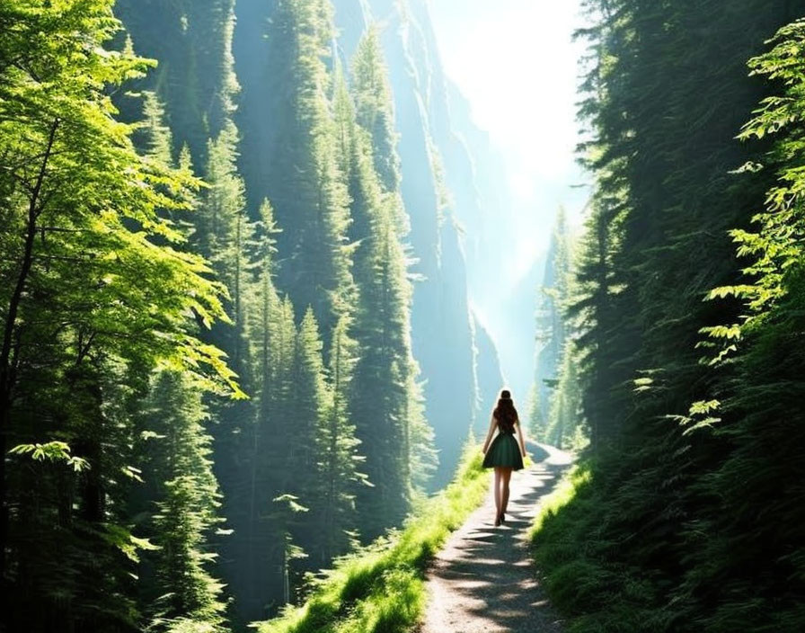 Person walking on forest path among tall green trees and sunlight.