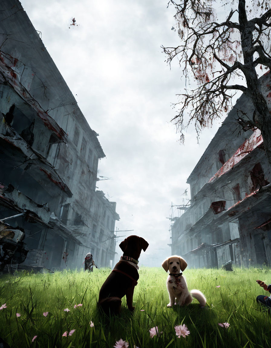 Two dogs in grassy field near ruins and tree under overcast sky with flying birds.