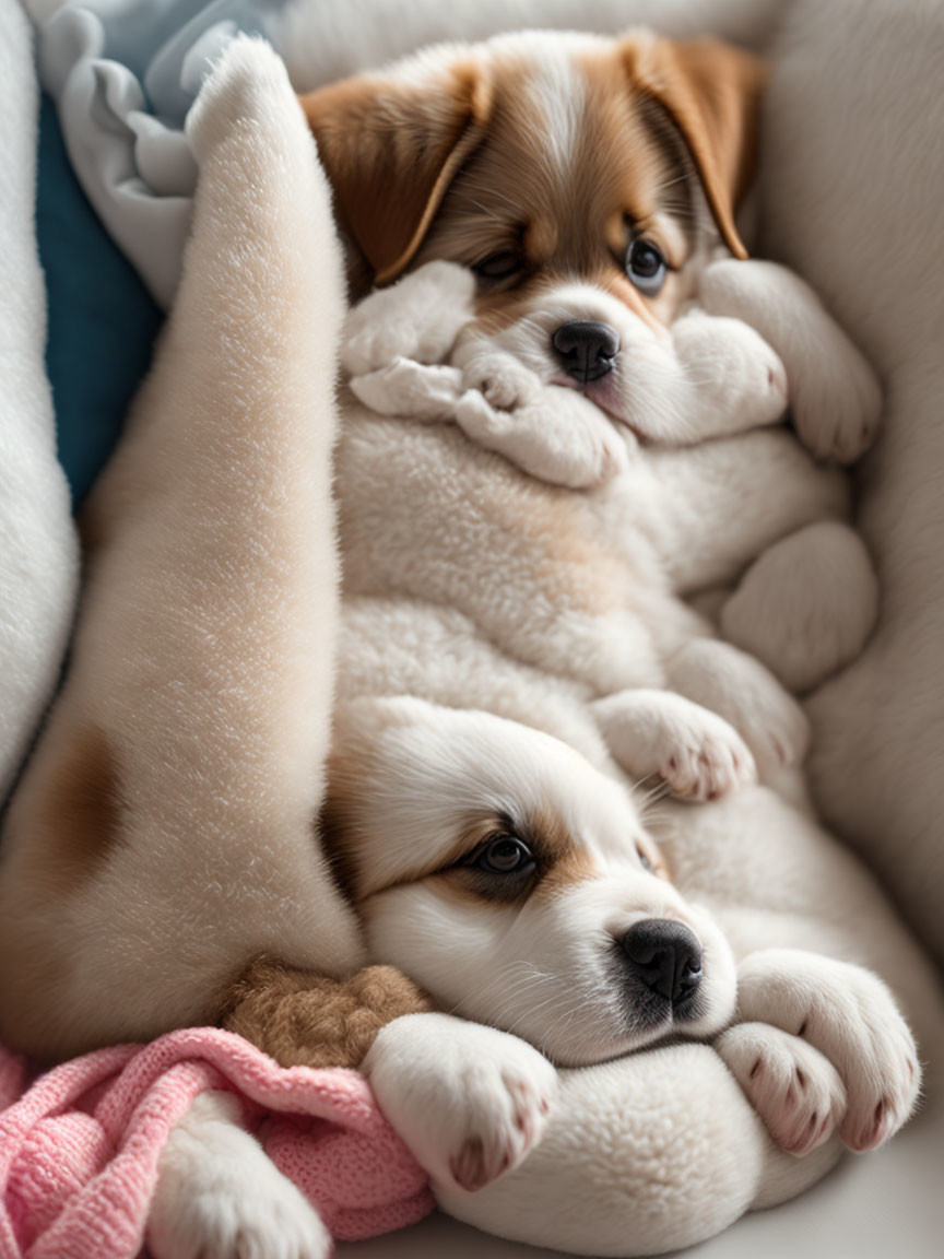 Two cute puppies cuddling with one resting head on a toy and the other's paw on its sibling