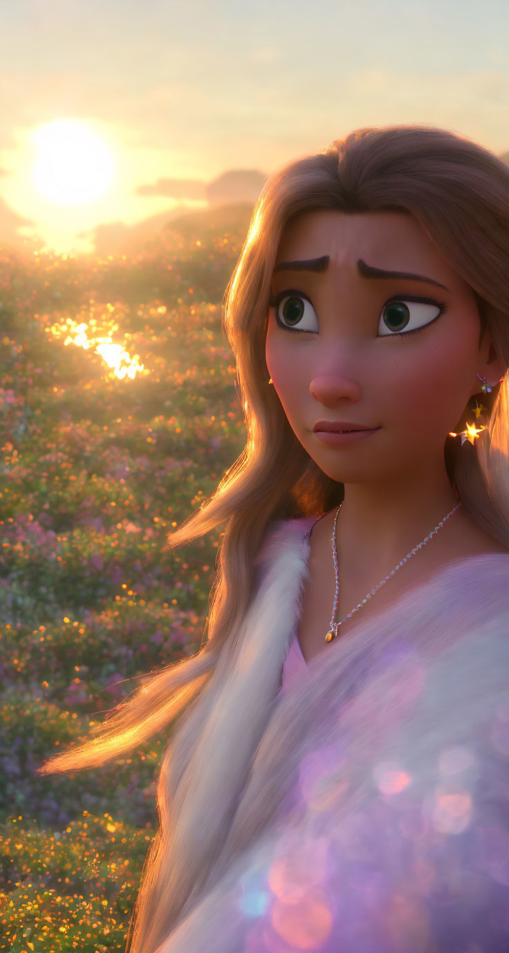 Young woman with long hair in animated sunset scene