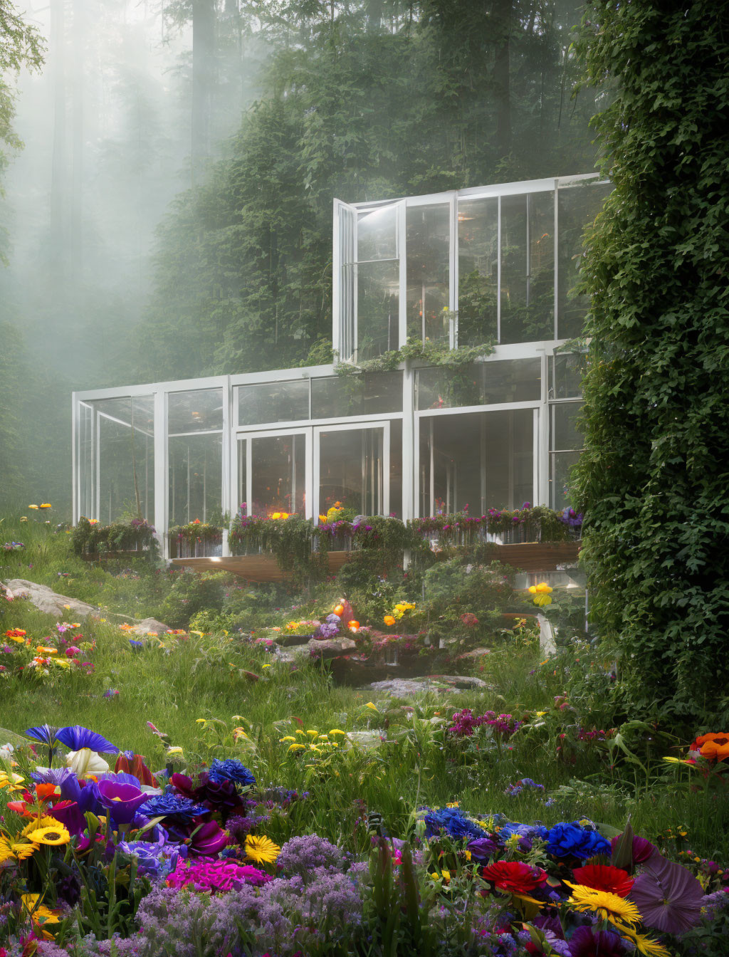 Glass house surrounded by lush vegetation and colorful flowers in misty forest setting