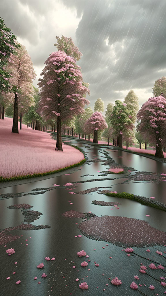 Pink cherry blossom trees by winding river under rainy sky