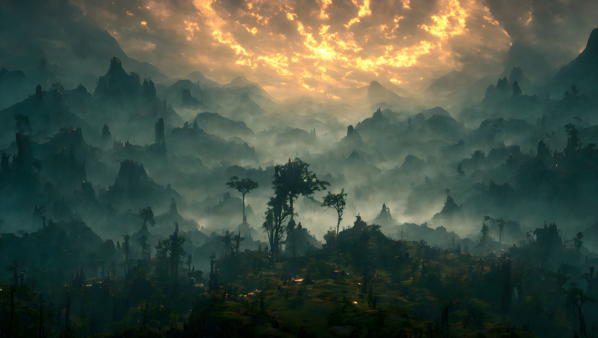 Mystical landscape with shrouded mountains, misty forest, fiery sky