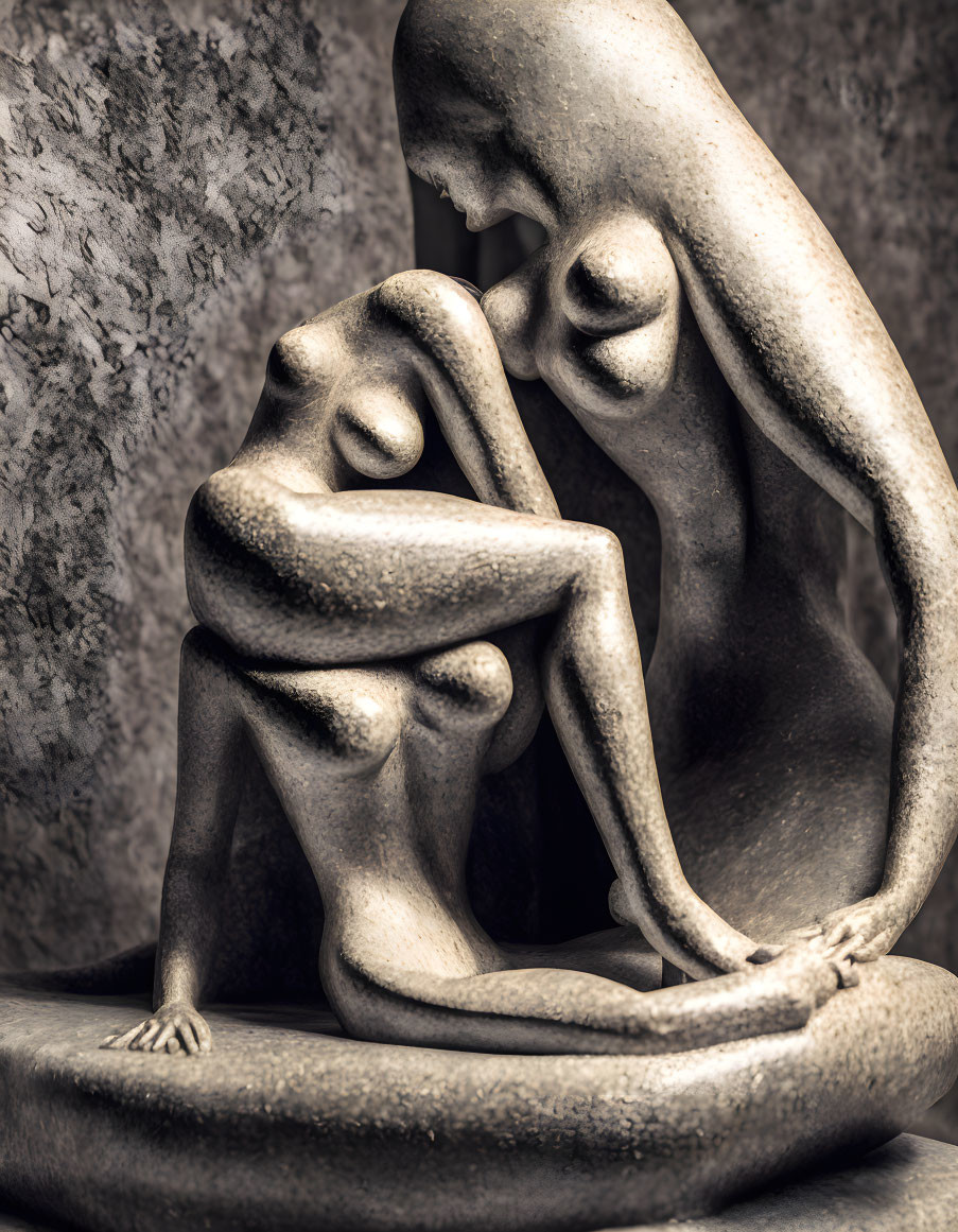 Textured Monochrome Sculpture: Abstract Form of Entwined Human Figures