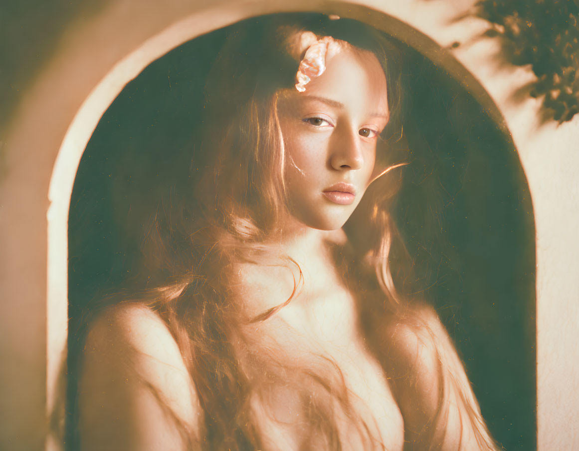 Serene woman portrait with long hair and flower in soft light