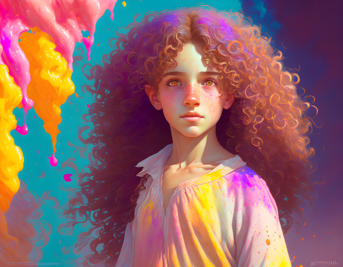 Young girl with curly hair and freckles in dreamy pose against vibrant background