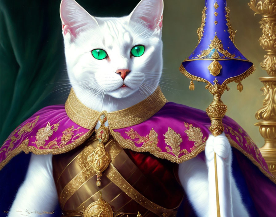 White Cat in Purple Cloak with Green Eyes and Scepter