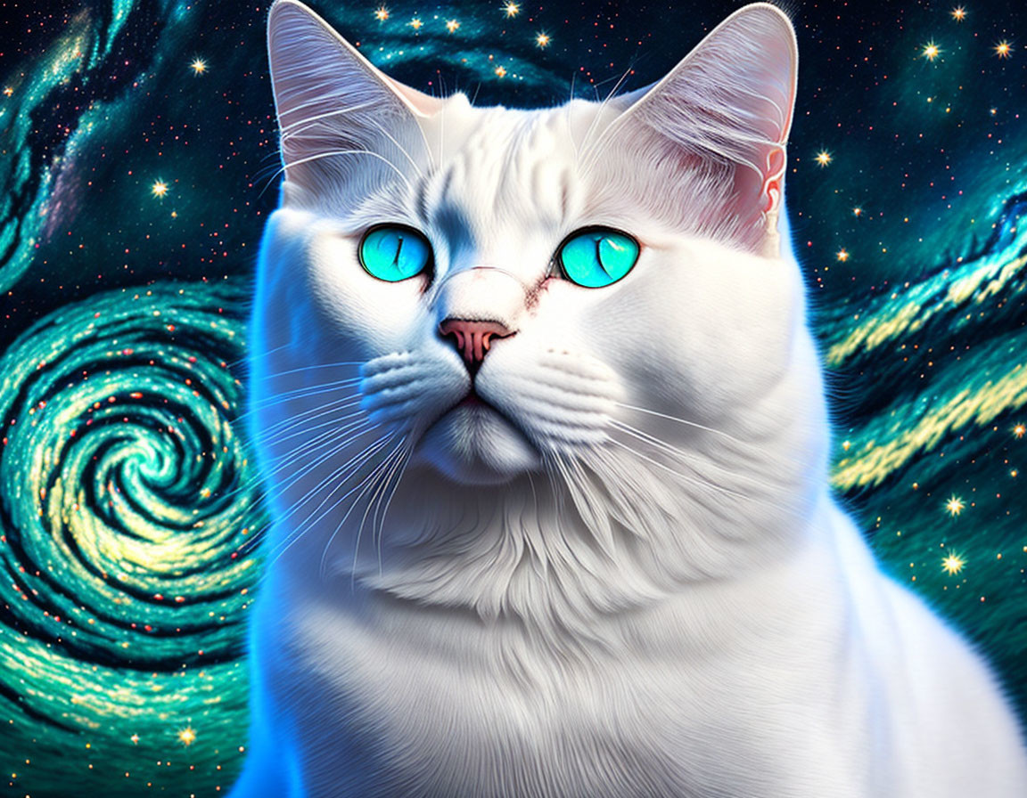 White Cat with Blue Eyes on Cosmic Background - Swirling Galaxy and Stars