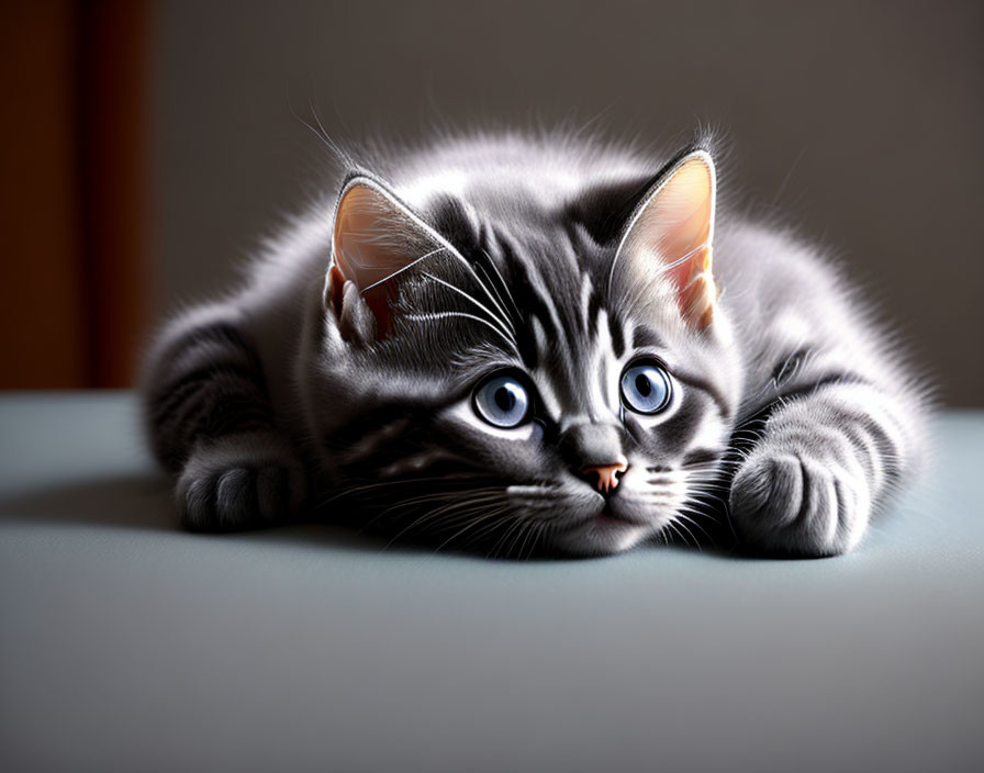 Grey Tabby Cat with Blue Eyes Resting on Flat Surface