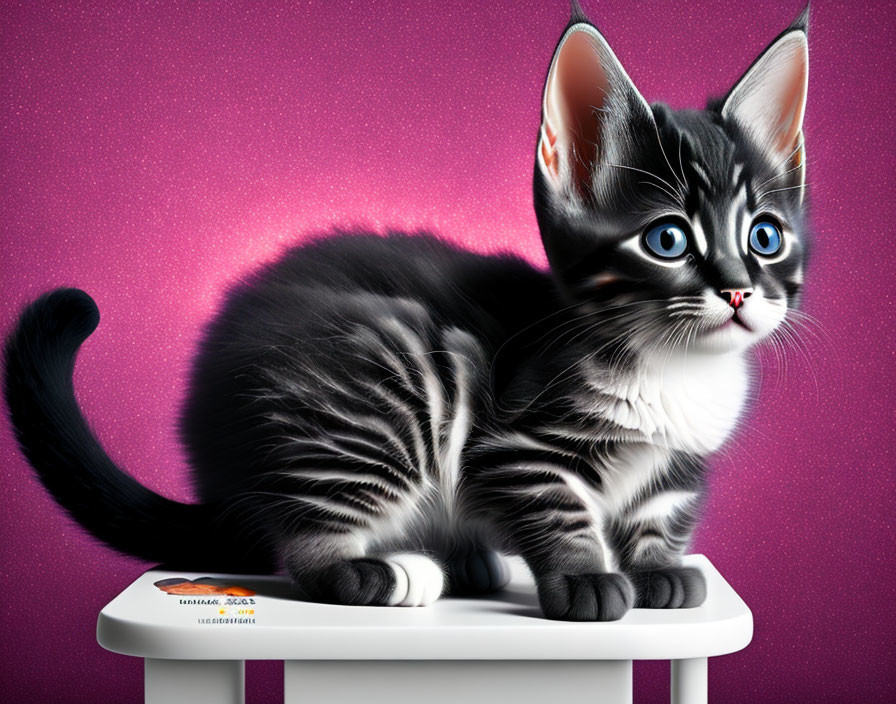 Digitally-rendered kitten with large eyes on white stool against pink starry backdrop