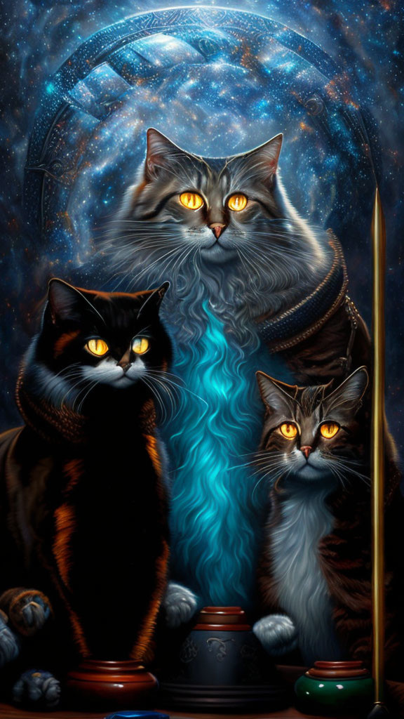 Regal cats with golden eyes in mystical setting with glowing symbols and sword