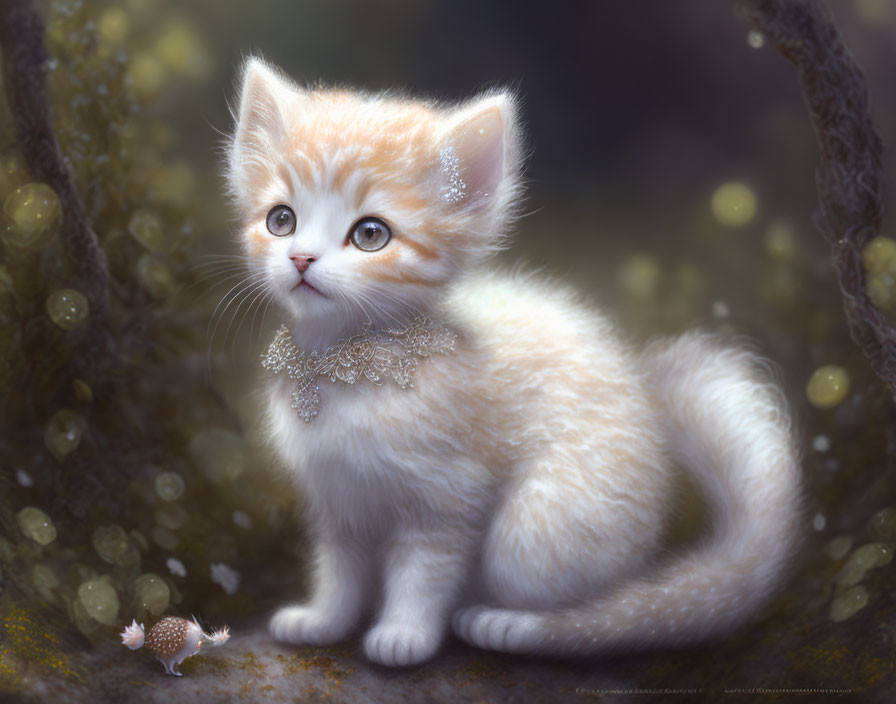 Fluffy orange-and-white kitten in magical forest with glowing orbs