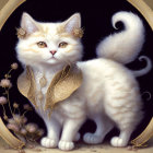 Regal white cat with golden adornments and tiara in ornate oval frame