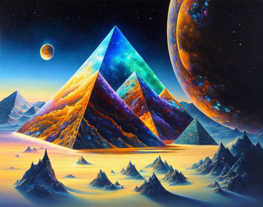 Colorful surreal landscape with pyramids, starry sky, planets, and snowy mountains