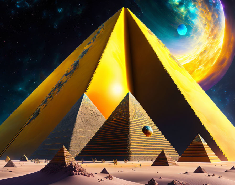 Egyptian pyramids under cosmic sky with planets and stars - blending ancient and sci-fi elements